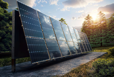 Solar panels in the park. Alternative energy source. 3d renderの素材