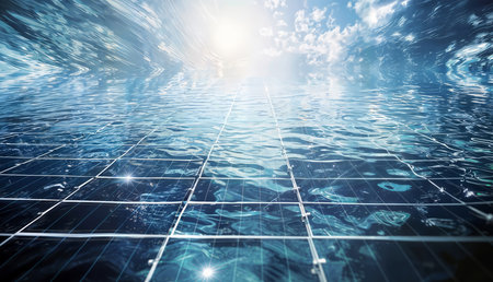 solar energy panels in a swimming pool with sun shining through the waterの素材