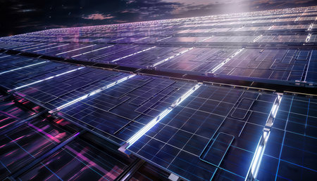 solar energy panels on a roof of a modern building at nightの素材