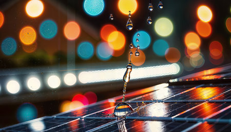 solar panel with water drops and colorful bokeh lights backgroundの素材