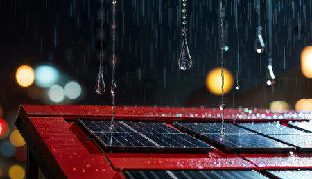 solar panel with rain drops and blurred city lights in the backgroundの素材