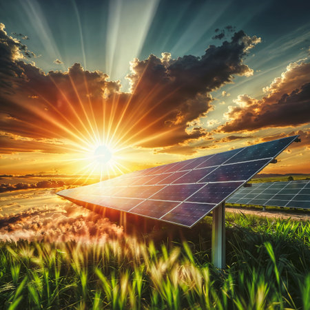 A solar panel in a green field with a sunset in the background.の素材