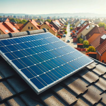 A solar panel is installed on the roof of a house in a neighborhood.の素材