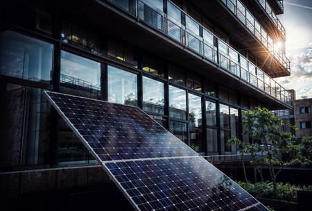 A solar panel is tilted against the backdrop of a modern building.の素材