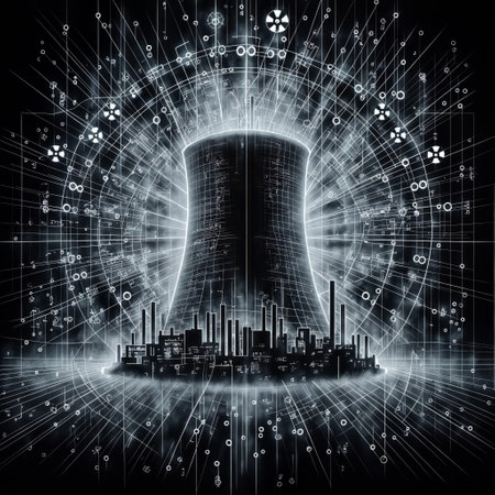 A nuclear reactor is surrounded by a digital barrier, and is emitting data.の素材