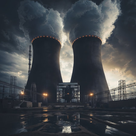 A dark and cloudy sky looms over two large cooling towers at a nuclear power plant. The towers are smoking and there are lights shining in the background.の素材