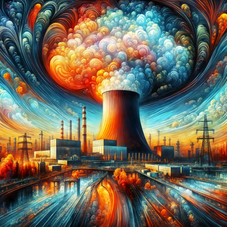 The image depicts a power station with colorful smoke billowing out of it. The smoke is in the form of a twisted rainbow spiral. The sky above the station is painted with vibrant colors, creating an otherworldly atmosphere.の素材