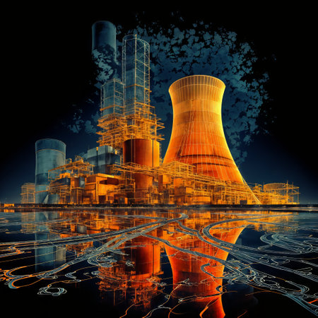 An orange nuclear power plant is reflected in the water at its base. The image has a dark blue background and there are two cooling towers and a building in the foreground. The whole scene is made up of many lines and shapes.の素材