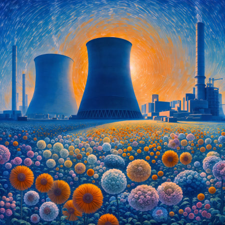 The image depicts a field of flowers in the foreground, with two nuclear reactors in the background. The sky is blue with a yellow sun on the right side.の素材