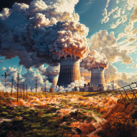 In this image, there is a nuclear power plant releasing smoke and steam into the atmosphere. The sky is cloudy, and the ground is covered in rocks and debris. Power lines can be seen in the foreground.の素材