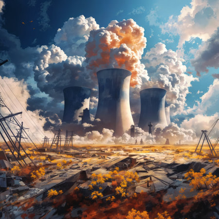 In this image, there is a nuclear power plant with four large cooling chimneys. The plant is releasing a significant amount of smoke and steam. The sky above the power plant is blue with clouds. In the foreground, there are orange plants and rocks. There are also power lines on the left side of the image and a road on the right side.の素材