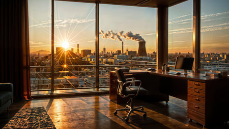 Sunset view from an office, with a cityscape and a visible power plant.の素材