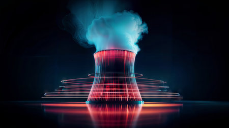 Nuclear power plant with smoke on dark background. 3D renderingの素材