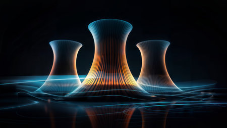 3D rendering of a nuclear power plant on a dark background.の素材