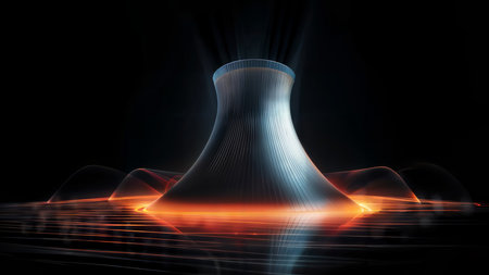 Nuclear power plant with glowing lines on black background. 3D renderingの素材