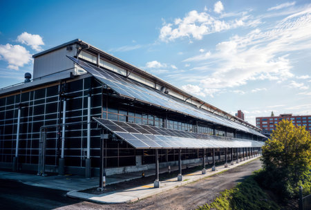 Solar panels installed on the roof of a modern building with blue skyの素材