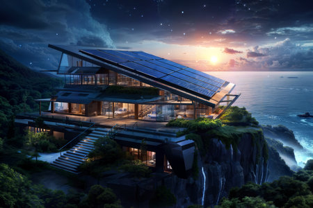 3d render of modern cozy house with solar panels on roof.の素材