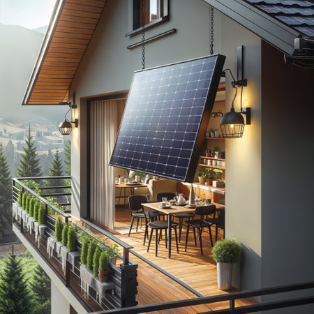 A solar panel is hanging from the side of a roof on a house. The house has a balcony with a dining table and chairs. There are potted plants on the balcony railings. The sky appears to be overcast.の素材
