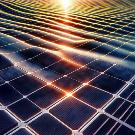 The image features a close-up of a solar panel with a grid pattern. The top right corner has a golden glow, resembling the sun. The lower right corner has a small orange light. The background is a wavy pattern in dark blue and black.の素材