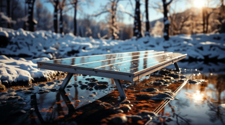 A solar panel is placed on a snowy surface near a stream.の素材