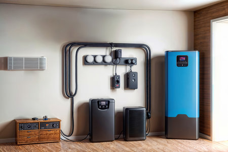 A room with a blue and black home energy station (HES, home energy storage battery).の素材