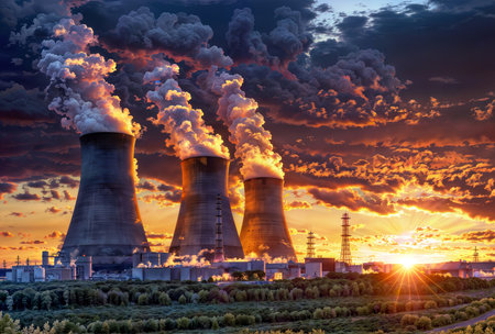 Sunset at the Cooling Towers: Nuclear power plant at dusk, a photorealistic landscape with industrial vibes.の素材