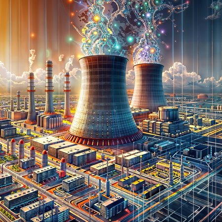 A nuclear power plant with cooling towers and smokestacks emitting pollution and colorful lights. A digital cityscape with neon lines and a grid-likeの素材