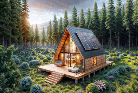 Nature's Embrace: Hidden Log Cabin Powered by the Sunの素材