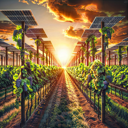 Sustainable Harvest: Grape Field Embraced by Solar Panels at Sunsetの素材