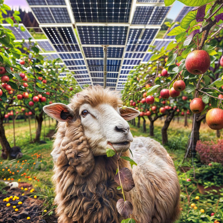 Pastoral Sustainability: Sheep, Solar Panel, and Apple Treeの素材
