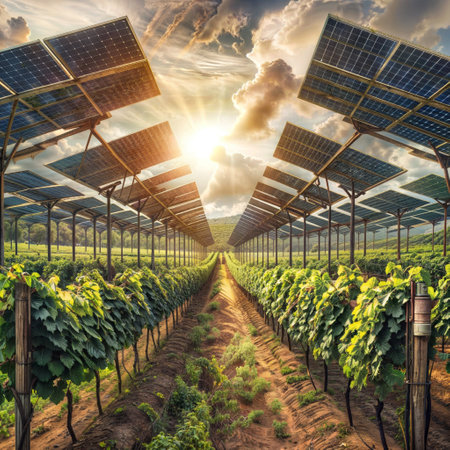 Harmony of Agriculture and Technology: Grape Field with Solar Panelsの素材