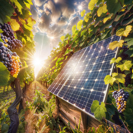 Vineyard Brilliance: Solar Panel amid Grapes and Sunlit Leavesの素材
