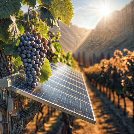 Grapevine Power: Solar Panel in Vineyard under Sunny Skiesの素材