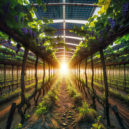 Golden Glow: Solar Panel Roof over Lush Grape Fieldの素材