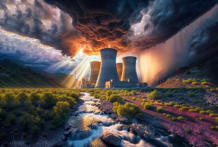 Ominous Landscape: Thermal Power Plant Under a Storm-Filled Skyの素材