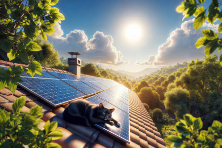 Eco-conscious kitty found the purrfect sunny spot on a sustainable roof.の素材