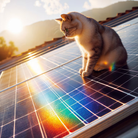 Behold the majestic feline enjoying the sun's energy on a solar panel, truly embracing sustainable living!の素材