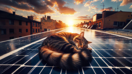 Meet the solar panel supervisor! This furry friend is on duty, ensuring maximum sunlight absorption for optimal energy efficiency.の素材
