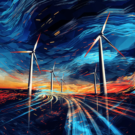 The image features a wind farm with four wind turbines against a night sky with a sunset. The sky is filled with vibrant colors, including blue, orange, and purple. The wind turbines are white and are spread out across the image. The rays of light create a path in the middle of the image, leading towards the wind turbines.の素材