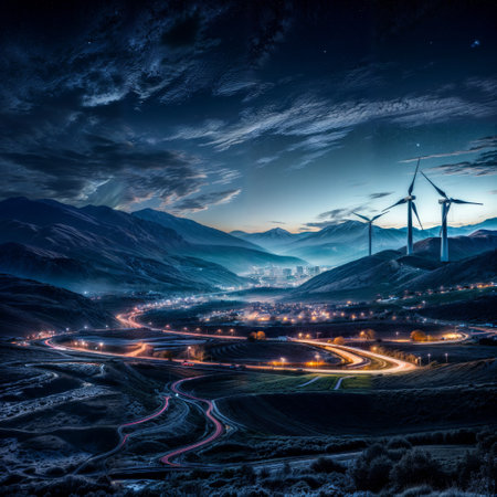 In the image, there are three windmills standing tall in the background. In the foreground, there's a city lit up with lights. The sky is a dark blue, and the stars are shining brightly. The road in the middle of the city has lights on it, and the winding road in the mountains has a tunnel with lights.の素材