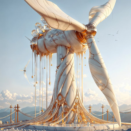 A large white and metallic orange windmill sits on a hill. It has a drippy, melting design and is surrounded by seagulls. In the distance, power lines can be seen.の素材