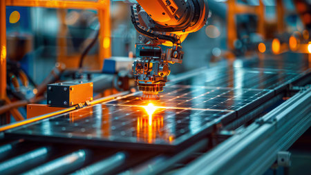 Green Tech Factory: Robots cut metal in a high-tech industrial setting with solar panels overhead.の素材