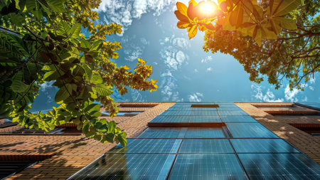 Solarpunk Architecture: Modern building adorned with sustainable solar panels.