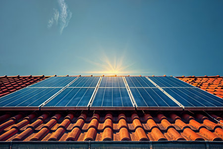 Rooftop Solar Panels: Solar panels on a roof, symbolizing the widespread adoption of solar energy.の素材