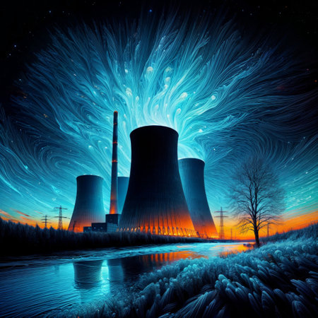 Nuclear Sunset by the River: A nuclear power plant bathed in a sunset sky, with a river and lone tree in the foreground.の素材