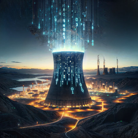 Coded Nuclear Power: A nuclear power plant at night, with digital code emerging from its cooling tower, adding a futuristic touch.の素材