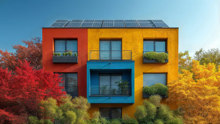 Vibrant & Sustainable: Colorful House with Solar Panels, Embracing Solarpunk Style.の素材