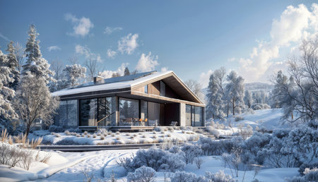 Winter Wonderland Home: Cozy house with solar panels, nestled in a snowy landscape.の素材
