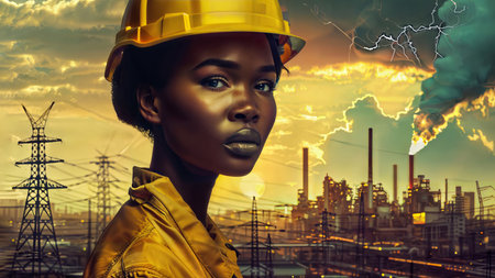 A woman of African descent wearing a bright yellow hard hat and a safety vest, standing in front of an industrial setting with smokestacks and power lines in the background. The dramatic lighting and storm clouds add an intense and gritty atmosphere to the scene.の素材
