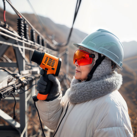 An elderly woman in a white parka, fur-lined hood, safety helmet and orange goggles operates an orange thermal imaging camera while working on the outdoor structure of an electrical substation.の素材